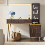 T4TREAM Fluted Makeup Vanity Desk with 36" HD Lighted Mirror, 48" Big Modern Vanity Desk with Mirror and Lights, Dressing Table with 5 Drawers & Shelves, Glass Top for Bedroom, Dark Walnut