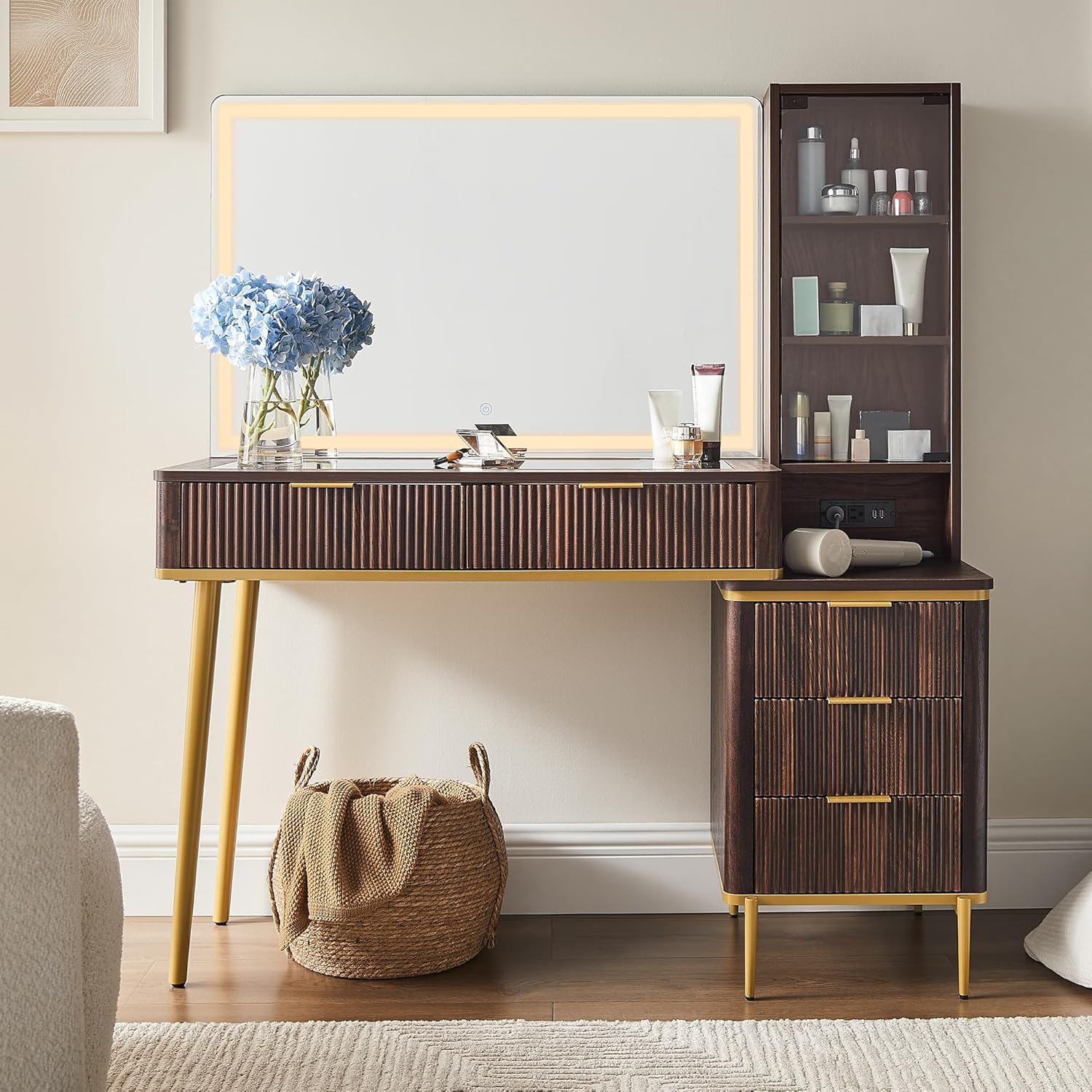 T4TREAM Fluted Makeup Vanity Desk with 36" HD Lighted Mirror, 48" Big Modern Vanity Desk with Mirror and Lights, Dressing Table with 5 Drawers & Shelves, Glass Top for Bedroom, Dark Walnut