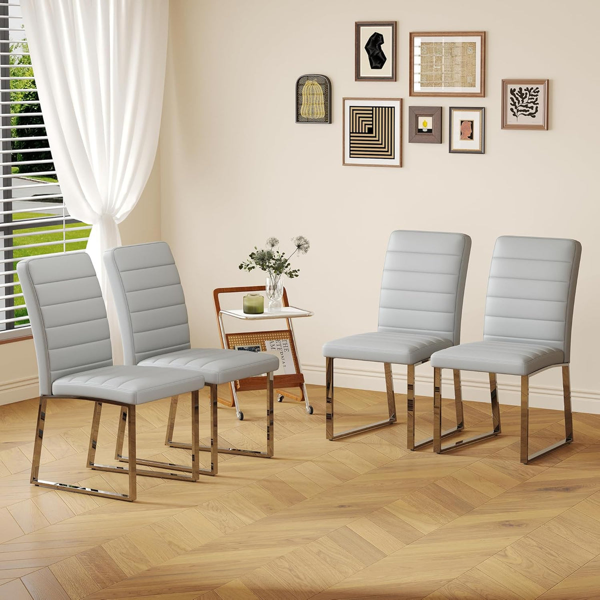 Modern Dining Chairs Set of 4, Grey Faux Leather Kitchen Chairs, Upholstered Armless Dining Room Chair with Silver Mental Legs Heavy Duty, Comfortable (Grey Chiars, Set of 4)