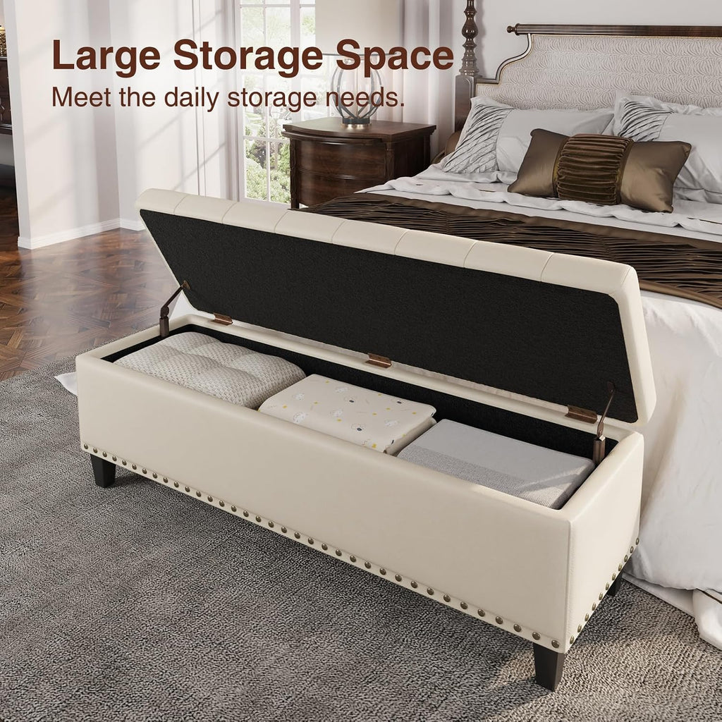 FiveWillowise 51 Inch Storage Ottoman Bench,Large End of Bed Storage Bench | Faux Leather Ottoman with Storage,30 Gallons,Upholstered,with Nailhead Trim,Legs,for Bedroom,Living Room,Entryway,Cream White