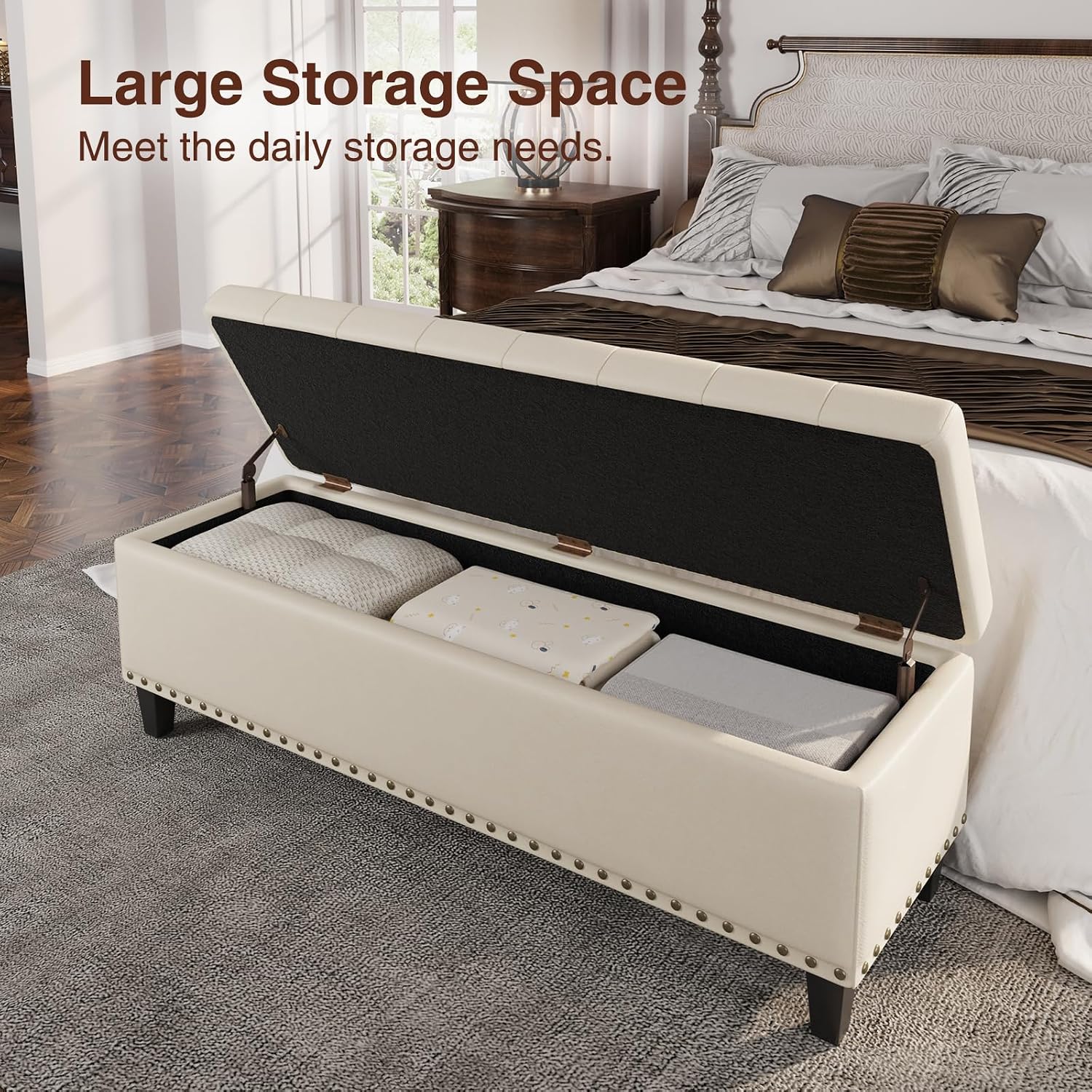 FiveWillowise 51 Inch Storage Ottoman Bench,Large End of Bed Storage Bench | Faux Leather Ottoman with Storage,30 Gallons,Upholstered,with Nailhead Trim,Legs,for Bedroom,Living Room,Entryway,Cream White