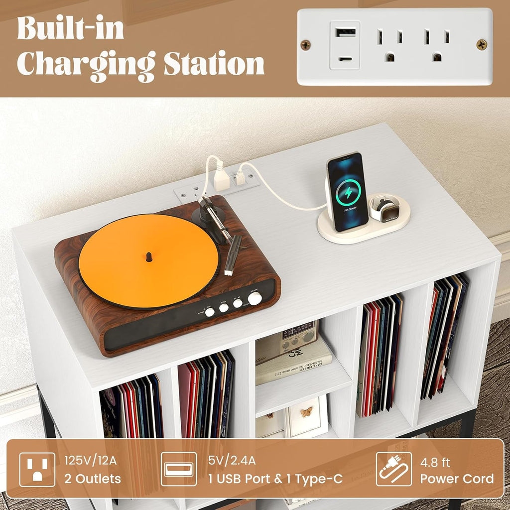 LOKO Record Player Stand with Charging Station, Turntable Stand with Vinyl Storage Holder, Record Storage Table with Metal Frame, Vinyl Display Shelf for Living Room, Music Room (White)