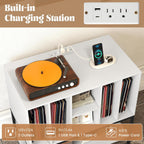 LOKO Record Player Stand with Charging Station, Turntable Stand with Vinyl Storage Holder, Record Storage Table with Metal Frame, Vinyl Display Shelf for Living Room, Music Room (White)