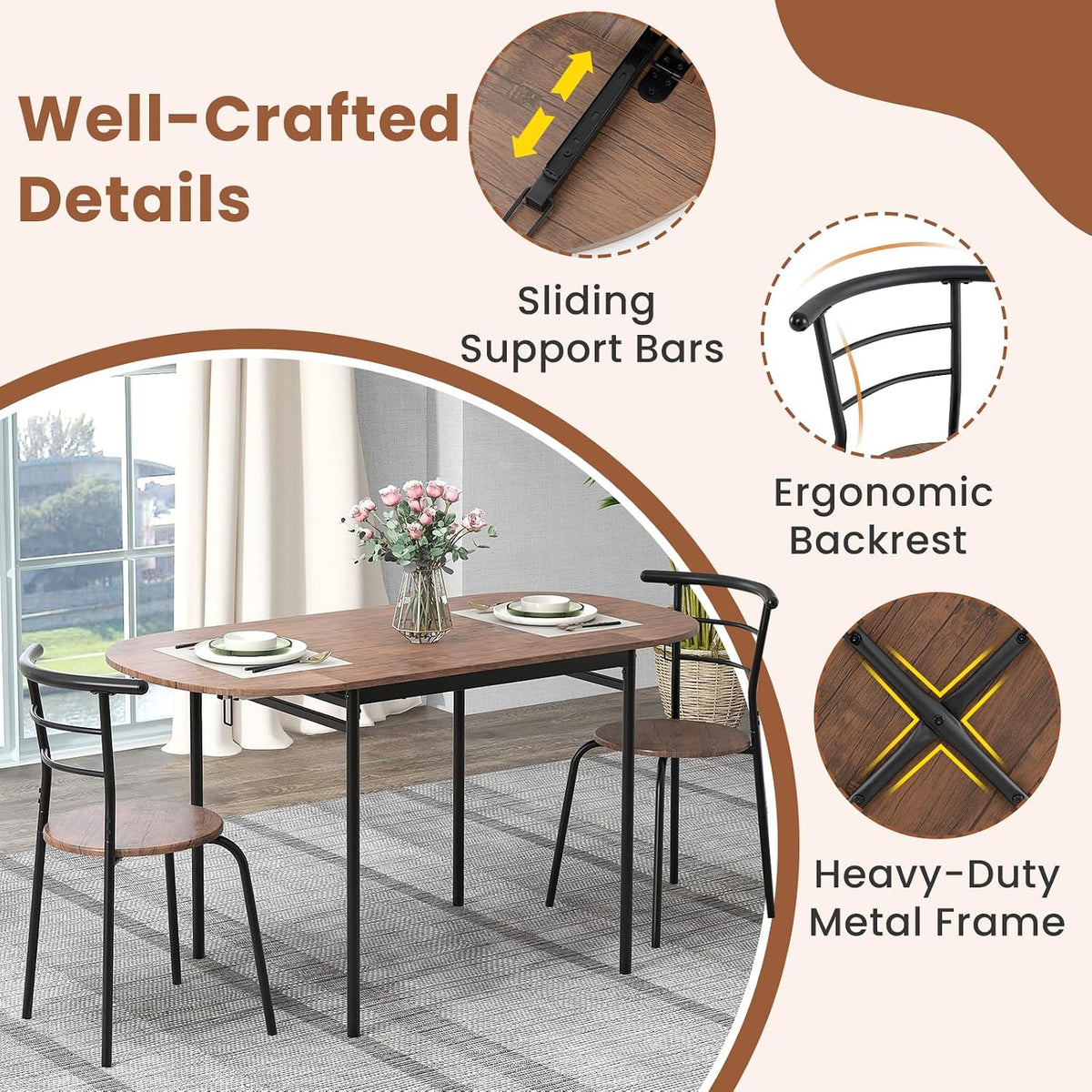 Giantex 3-Piece Dining Table Set for 2, 55-inches Drop Leaf Kitchen Table with Dining Chairs, Metal Frame, Space-Saving Breakfast Nook Set for Small Space, Dinner, Dinette, Apartment, Dorm Room