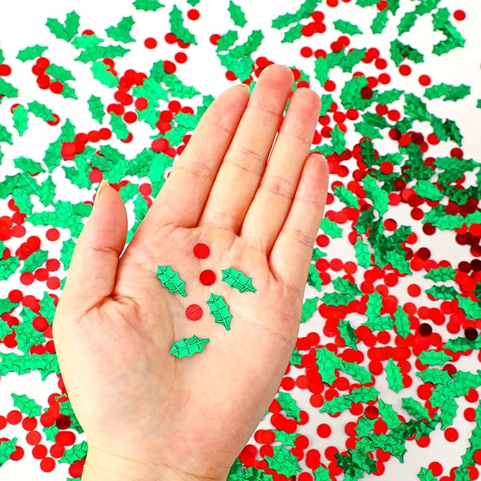 MARFOREVER Christmas Glitter Confetti, Red Green Xmas Holly Berries Confetti Christmas Metallic Foil Botanical Sequins Holly Leaves Scatter Sprinkles Table Decorations for Xmas Party Supplies