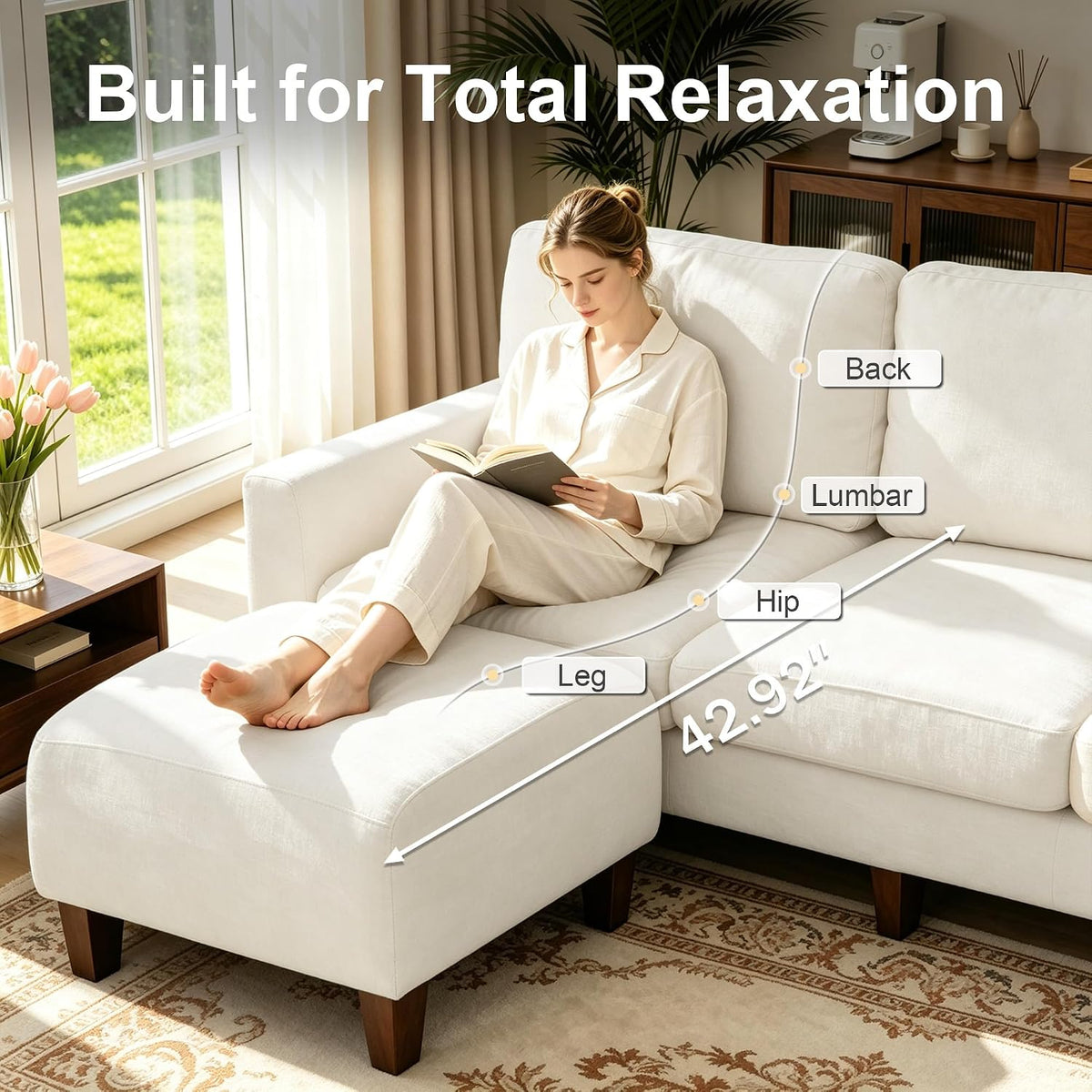 L Shaped Sectional Couch for Living Room, Modular Small Sofa with Ottoman | 96 Inch, 3 Deep Seats, White, Chenille, Easy Tool-Free Assembly, Modern Compact Sofa Set for Apartment, Office, Small Space