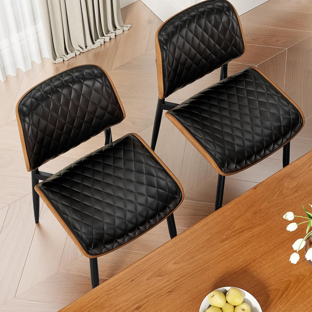 REONEY Dining Chairs Set of 2, Mid-Century Modern Upholstered PU Leather Chairs with Walnut Back and Metal Legs Adjustable Feet for Kitchen Dining Room, Black Diamond Plaid