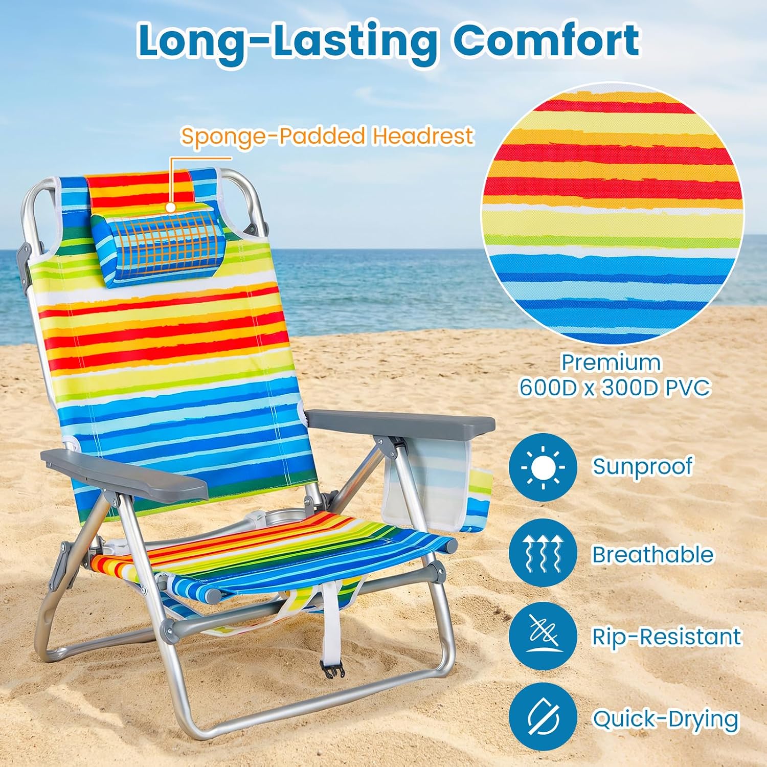 Goplus Beach Chair, Folding Backpack Beach Chairs for Adults w/Adjustable Positions, Head Pillow, Cooler Bag, Towel Bar, Cup Holders, Sunbath Sling Tanning Lounge, Folding Layout Camping Chairs