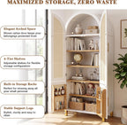 KEIKI 71" Tall Storage Cabinet with Arched Rattan Doors, Freestanding Floor Cabinet with Adjustable Shelves and Built-in Racks, Modern Farmhouse Organizer for Living Room, Kitchen, Study, White