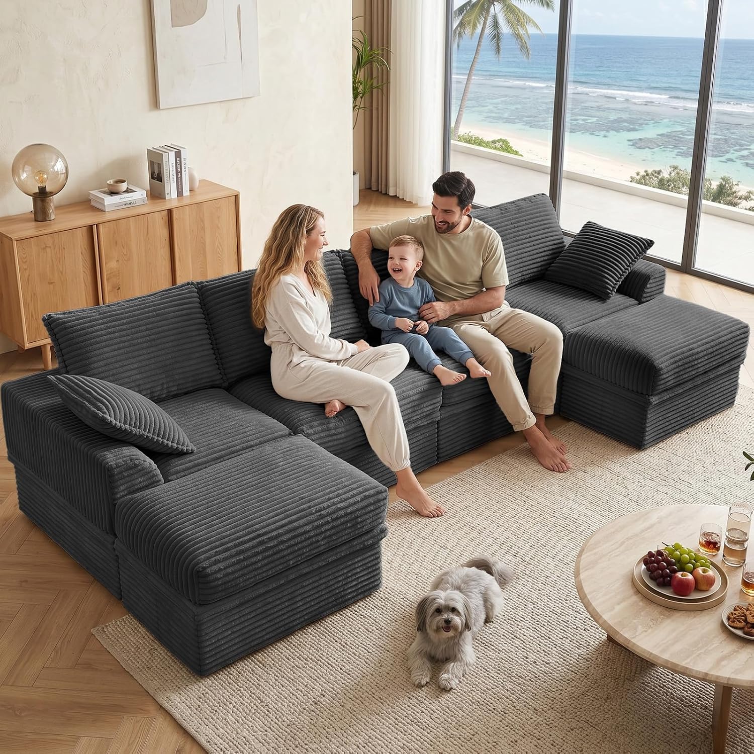 142" Upgraded Couch with Storage, Modular Sectional Couches for Living Room, Oversized Deep Seat 6-Seat U Shaped Cloud Sofa with Ottoman & Pillows,Corduroy,No Assembly (Gray)