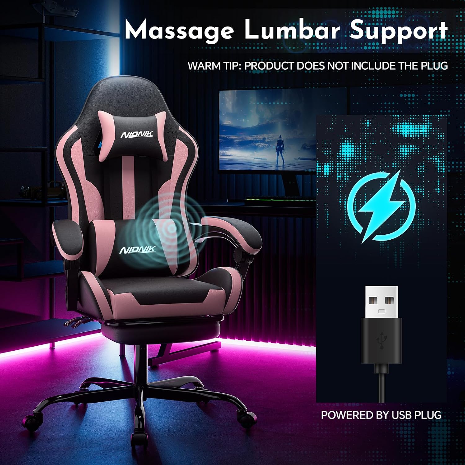 Gaming Chair, Ergonomic Computer Chair with Footrest and Lumbar Support, Height Adjustable Game Chair with 360°-Swivel Seat and Headrest and for Office or Gaming Blackpink
