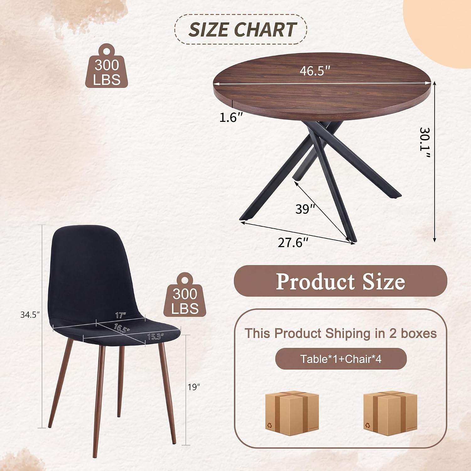 Round Dining Table Set for 4, Round Kitchen Dining Table and Chairs Set for 4,46.5" Modern Dining Room Table Set for 4 with Upholstered Chairs for Small Space Kitchen Office Cafe Apartment