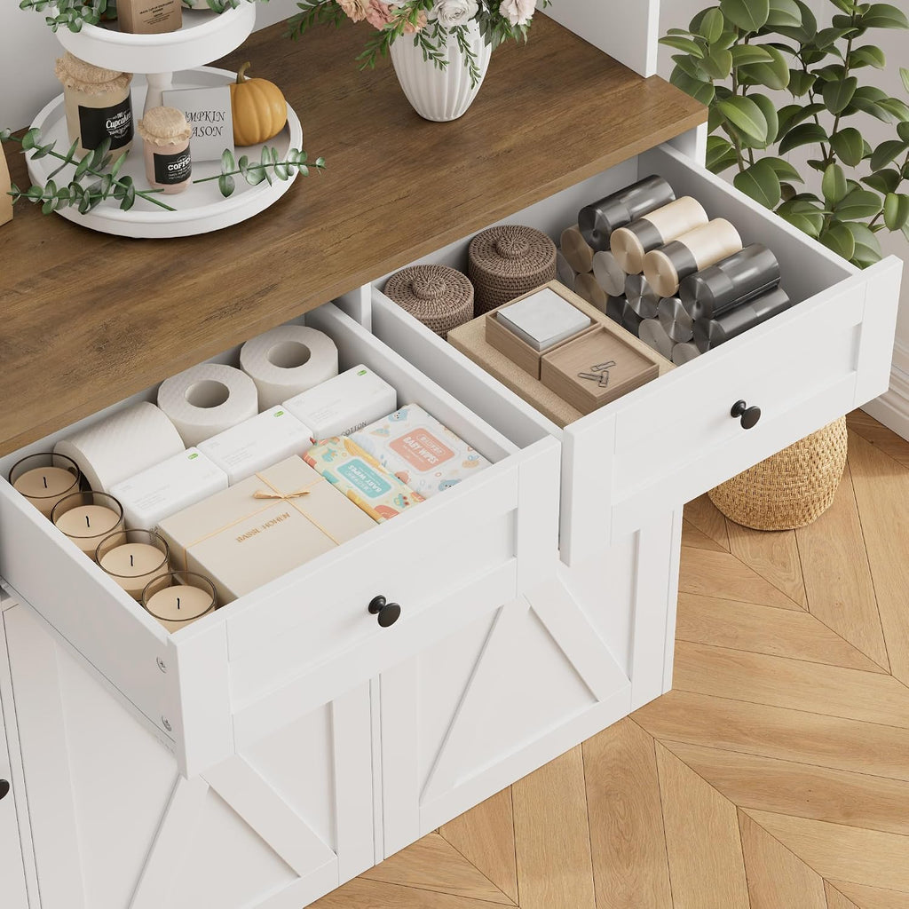 HOSTACK 71" Kitchen Pantry with 12.5 Gallon Double Trash Can Cabinet, White | Farmhouse Garbage Can Cabinet with Pull Out Trash Can Storage, 47"W Kitchen Hutch with Hidden Garbage Storage for Dining Room