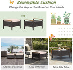 HAPPYGRILL Set of 2 Outdoor Patio Ottoman PE Rattan Wicker Ottomans with Removable Cushions and Solid Acacia Wood Handle Outdoor Footstool Footrest Set Seats and Side Table Set