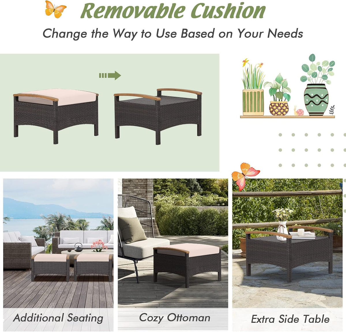 HAPPYGRILL Set of 2 Outdoor Patio Ottoman PE Rattan Wicker Ottomans with Removable Cushions and Solid Acacia Wood Handle Outdoor Footstool Footrest Set Seats and Side Table Set