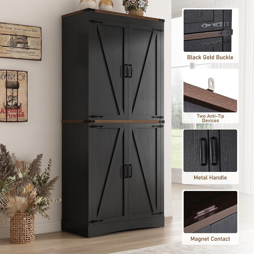 Hlivelood 71" Tall Kitchen Pantry,Farmhouse Storage Cabinet with Adjustable Shelves,Load-Bearing Steel Pipe,Farmhouse Pantry Cabinet with 4 Barn Doors,for Kitchen,Dining Room,Living Room(Black)