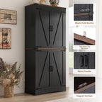 Hlivelood 71" Tall Kitchen Pantry,Farmhouse Storage Cabinet with Adjustable Shelves,Load-Bearing Steel Pipe,Farmhouse Pantry Cabinet with 4 Barn Doors,for Kitchen,Dining Room,Living Room(Black)