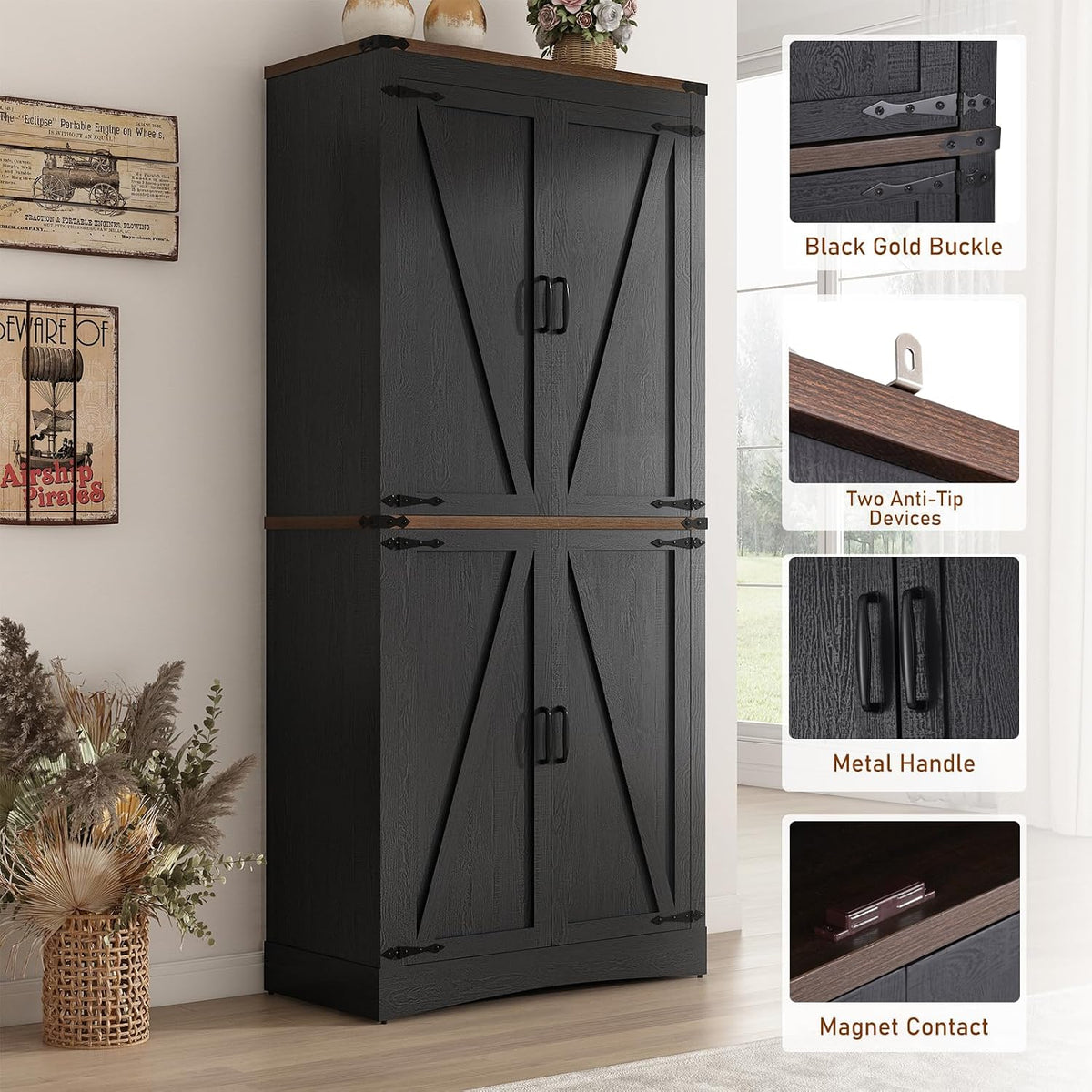 Hlivelood 71" Tall Kitchen Pantry,Farmhouse Storage Cabinet with Adjustable Shelves,Load-Bearing Steel Pipe,Farmhouse Pantry Cabinet with 4 Barn Doors,for Kitchen,Dining Room,Living Room(Black)
