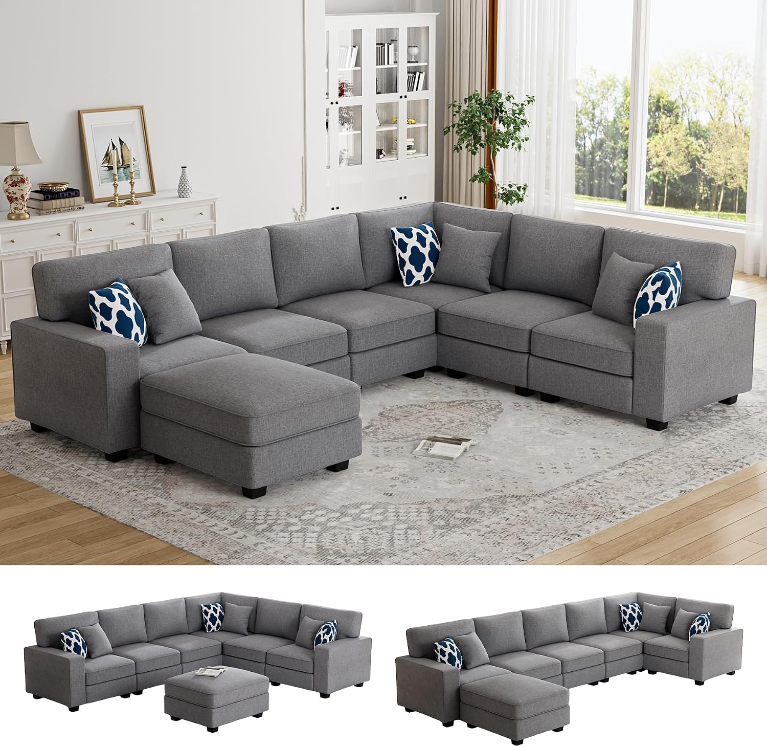 Legend Vansen Oversized Modular Sectional Sofa,U/L‑Shaped Reversible Couch with Ottoman,Deep Seat Plush Polyester Sofa for Living Room,7‑Seater,Dark Grey