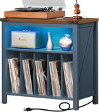 Joaxswe Large Record Player Table with Charging Station & LED Lights, Blue Vinyl Record Storage Cabinet Holds up to 230 Albums, Turntable Stand with Display Shelf for Music Room Bedroom Living Room