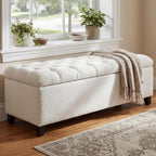 Storage Bench End of Bed, White Boucle Storage Ottoman Bench with Pressure Hinges, Foot Rest with Rubber Wood Legs, Button Tufted Ottoman with Storage for Living Room, Bedroom, Entry Ways & Window