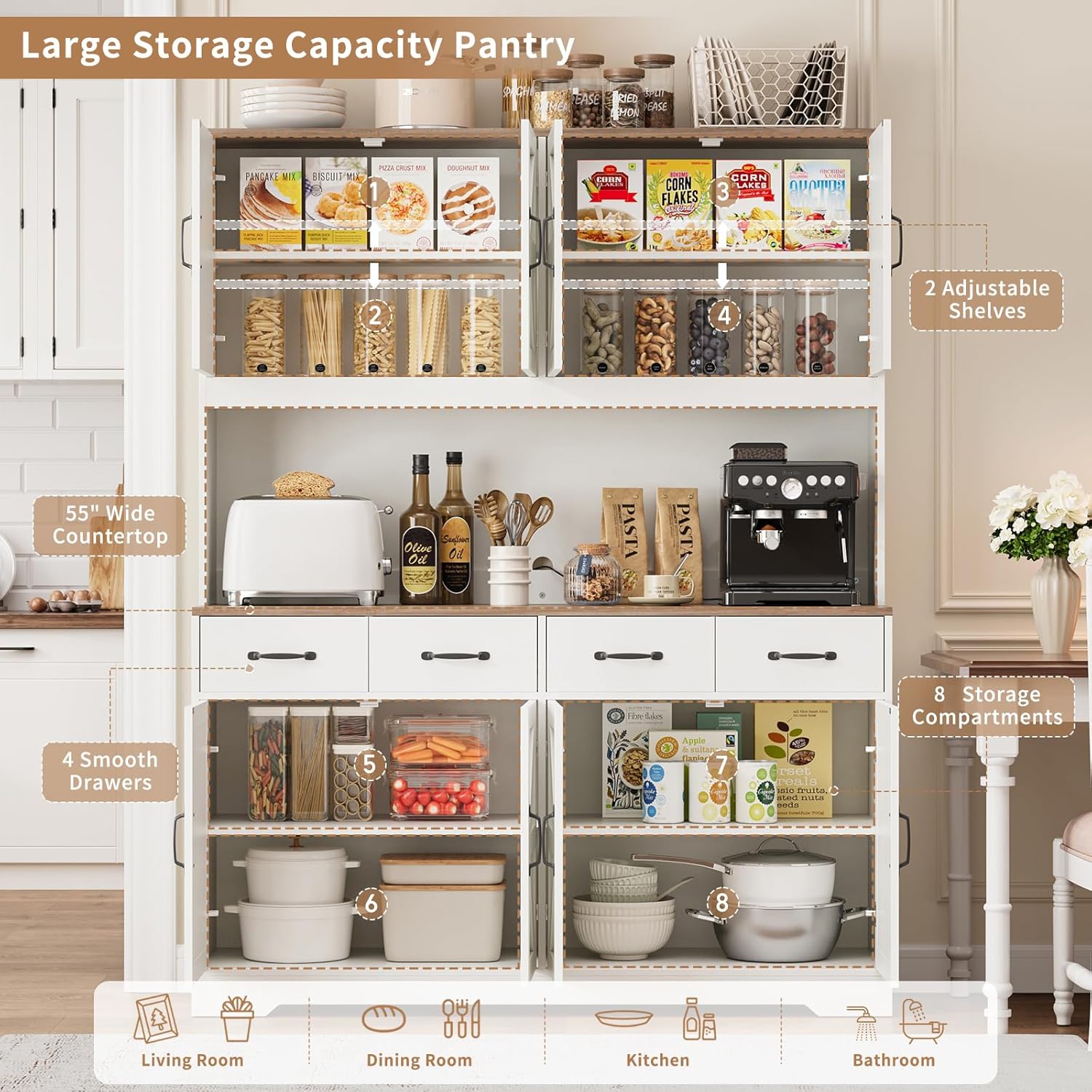 71'' Tall Pantry Cabinet with Charging Station, Large Modern Pantry Storage Cabinet with Adjustable Shelves, 4 Drawers & 4 Cabinets, 41'' Wide Kitchen Hutch with Countertop for Dining Room, White