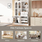 75 Inch Tall Freestanding Buffet with Hutch, Farmhouse Kitchen Pantry Cabinet, Dining Room Storage Cupboard with 4 Drawers, Door Shelves and Pull-Out Trays for Living Room,White
