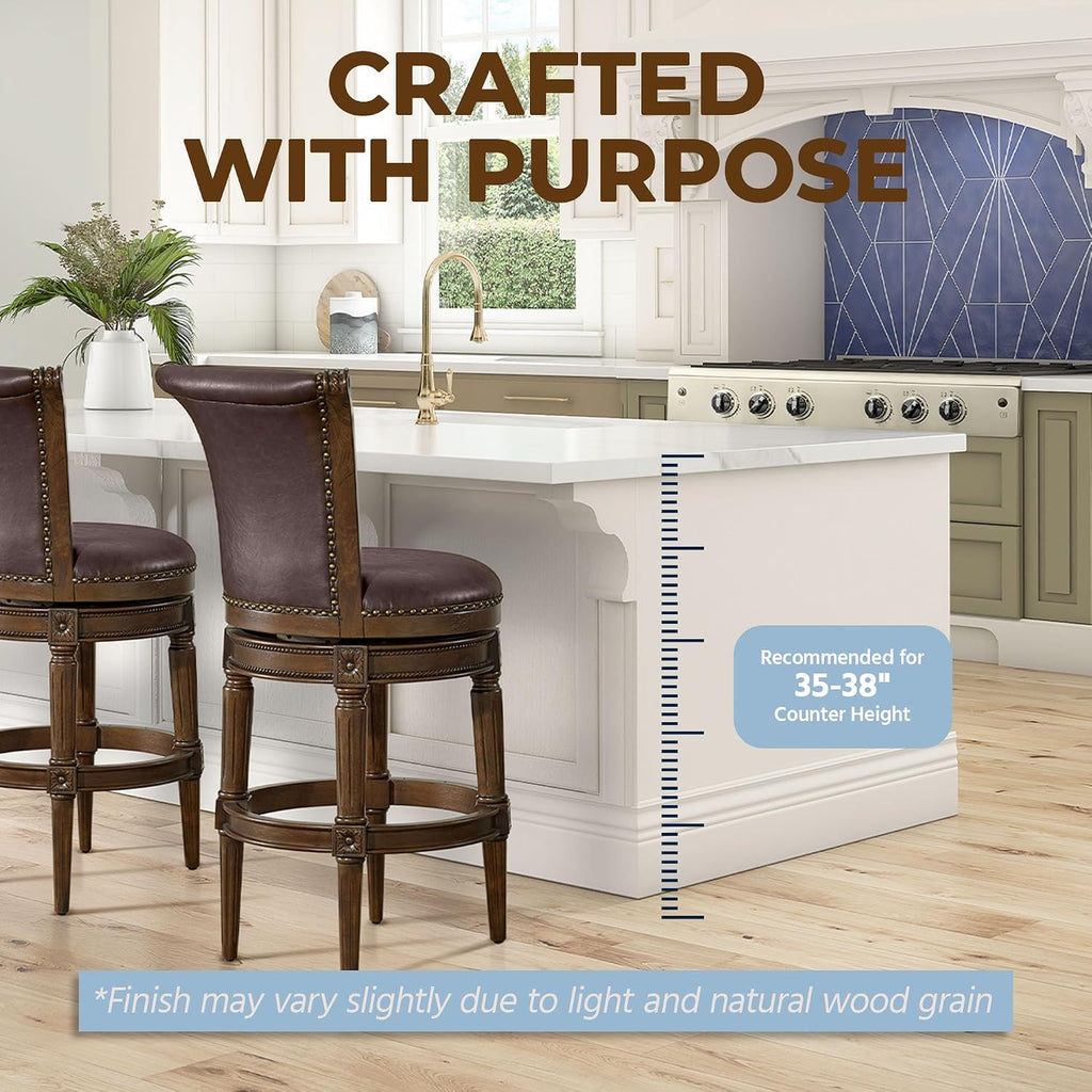 ROME + OAK Runyan 26 Swivel Counter Stool, Set of 3 | Rotating High Back Barstool in Dark Walnut Finish with Vintage Brown Vegan Leather Seat