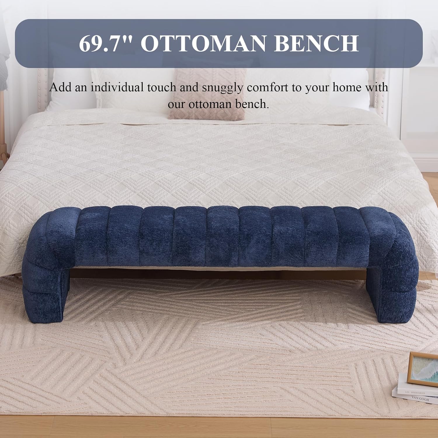 NIOIIKIT 69.7" Ottoman Bench, Teddy Upholstered Queen Size End of Bed Bench, Channel Tufted Entryway Bench with Cushion, Long Bedroom Bench, Window Bench Seat for Entryway, Living Room (Navy)