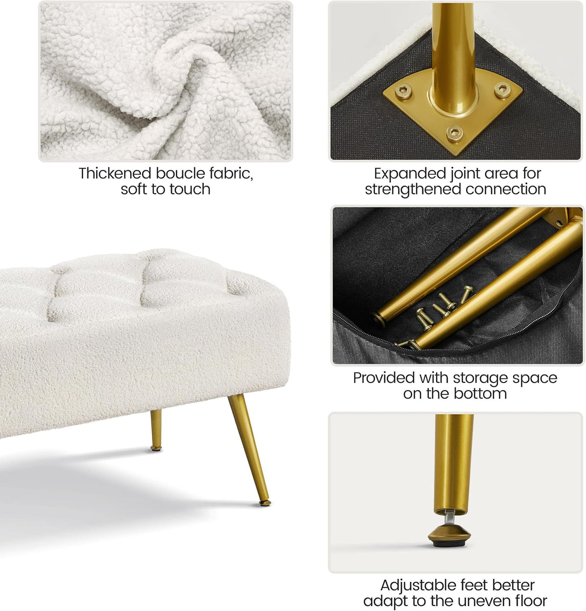 Topeakmart Dining Bench, Button-Tufted Upholstered Bench with Gold Metal Base for Kitchen, Living Room, Entryway - Ivory