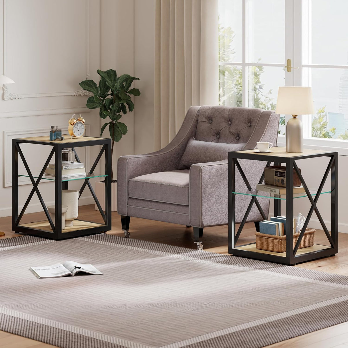 Modern End Table Set of 2 for Living Room 17.7" Bedroom Nightstand, Tempered Glass Shelf & Rustic Wood MDF Top Square Side Tables 2 Pack, Industrial Natural