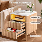 Fluted NightStand Set of 2, 18'' Wide 2 Drawers Side Table with Charging Station & LED Light, Large Modern Night Stand with Faux Marble Top, Wood Bedside Table for Bedroom, Living Room