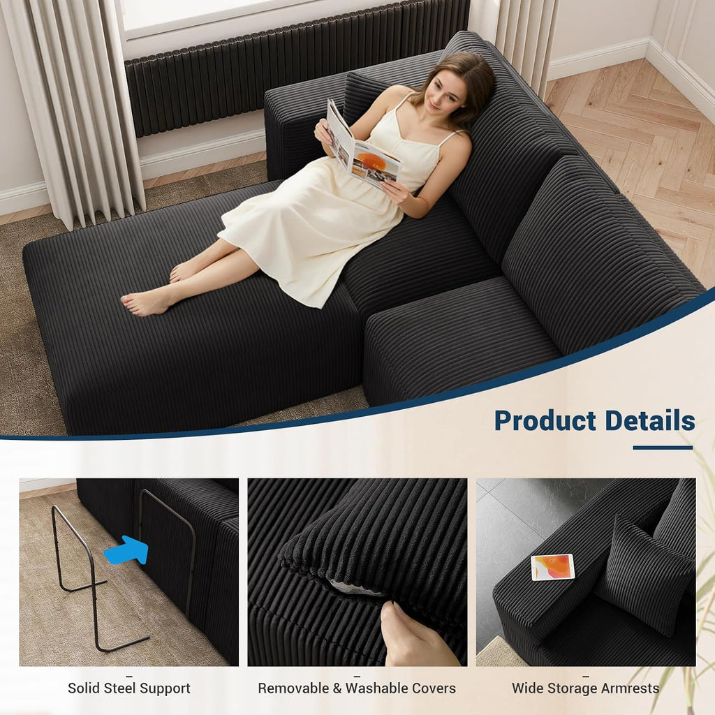 Modular Sleeper Sofa Couch Modern Sectional Couches for Living Room - 79" L-Shaped Cloud Couch - Easy Assembly Corduroy Convertible Sponge Compression Sofas with Chaise for Home House(Black)