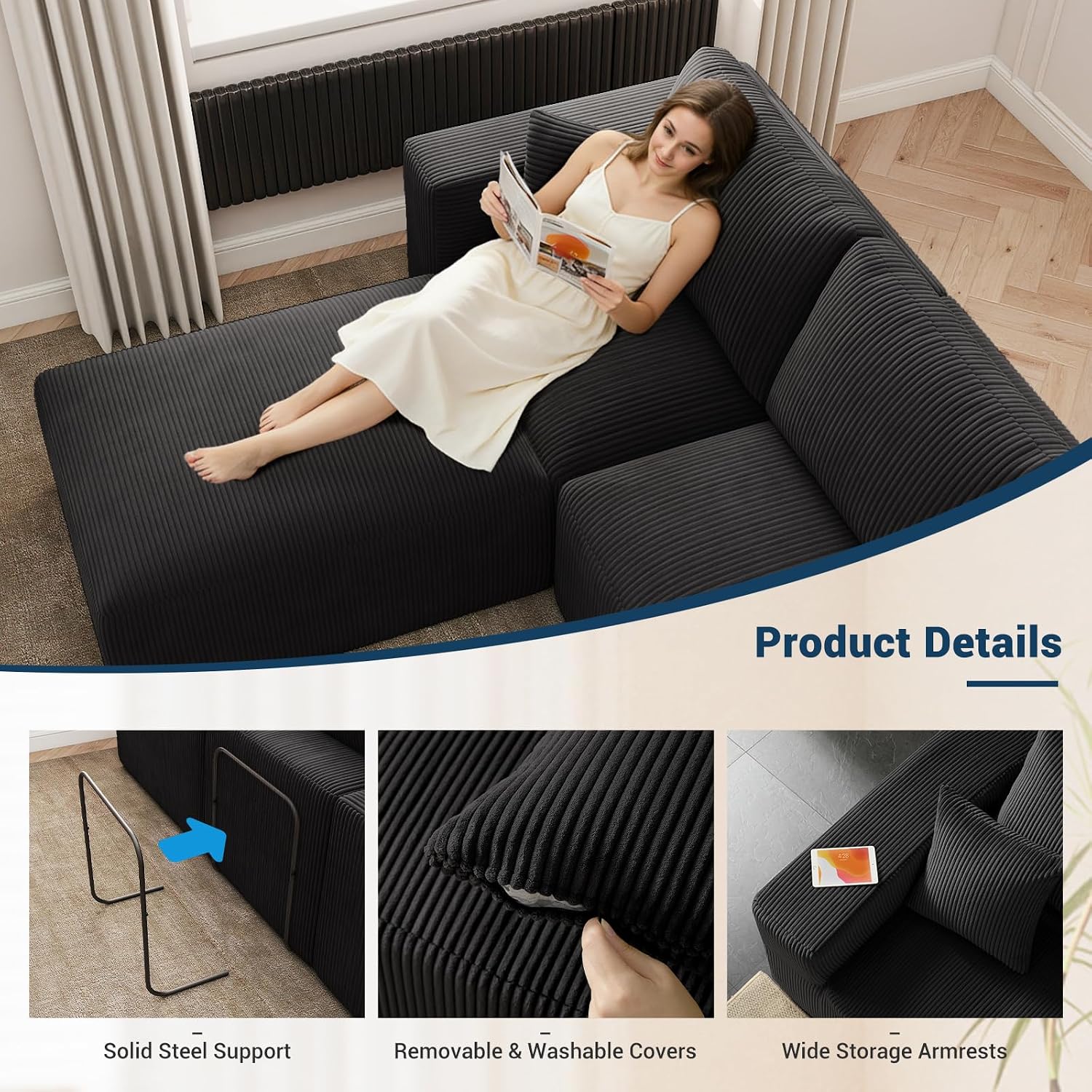 Modular Sleeper Sofa Couch Modern Sectional Couches for Living Room - 79" L-Shaped Cloud Couch - Easy Assembly Corduroy Convertible Sponge Compression Sofas with Chaise for Home House(Black)