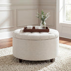 28" Round Storage Ottoman, Tufted Coffee Table for Living Room,Beige | Chenille Upholstered Footrest with Removable-Top & Wood Leg Large Footstool