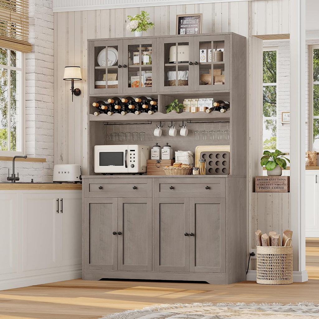 HOSTACK Kitchen Pantry Storage Cabinet, Coffee Bar Hutch Cabinet, Ash Gray | 75.4" Tall Pantry Cabinet with Charging Station / Countertop / Glass Doors / Wine Rack / Cup Holder / Drawers, Dining Room