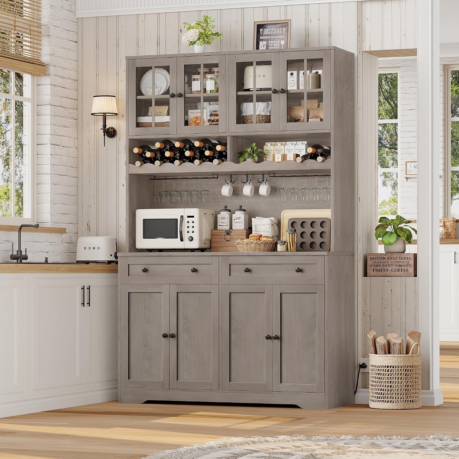 HOSTACK Kitchen Pantry Storage Cabinet, Coffee Bar Hutch Cabinet, Ash Gray | 75.4" Tall Pantry Cabinet with Charging Station / Countertop / Glass Doors / Wine Rack / Cup Holder / Drawers, Dining Room