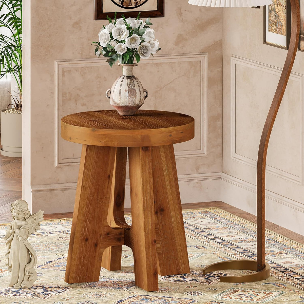 Round Side Table, Farmhouse Solid Wood End Table for Couch, Mid Century Modern Side Table with Heavy-Duty Legs, Small Bedside Table for Bedroom, Living Room, Walnut