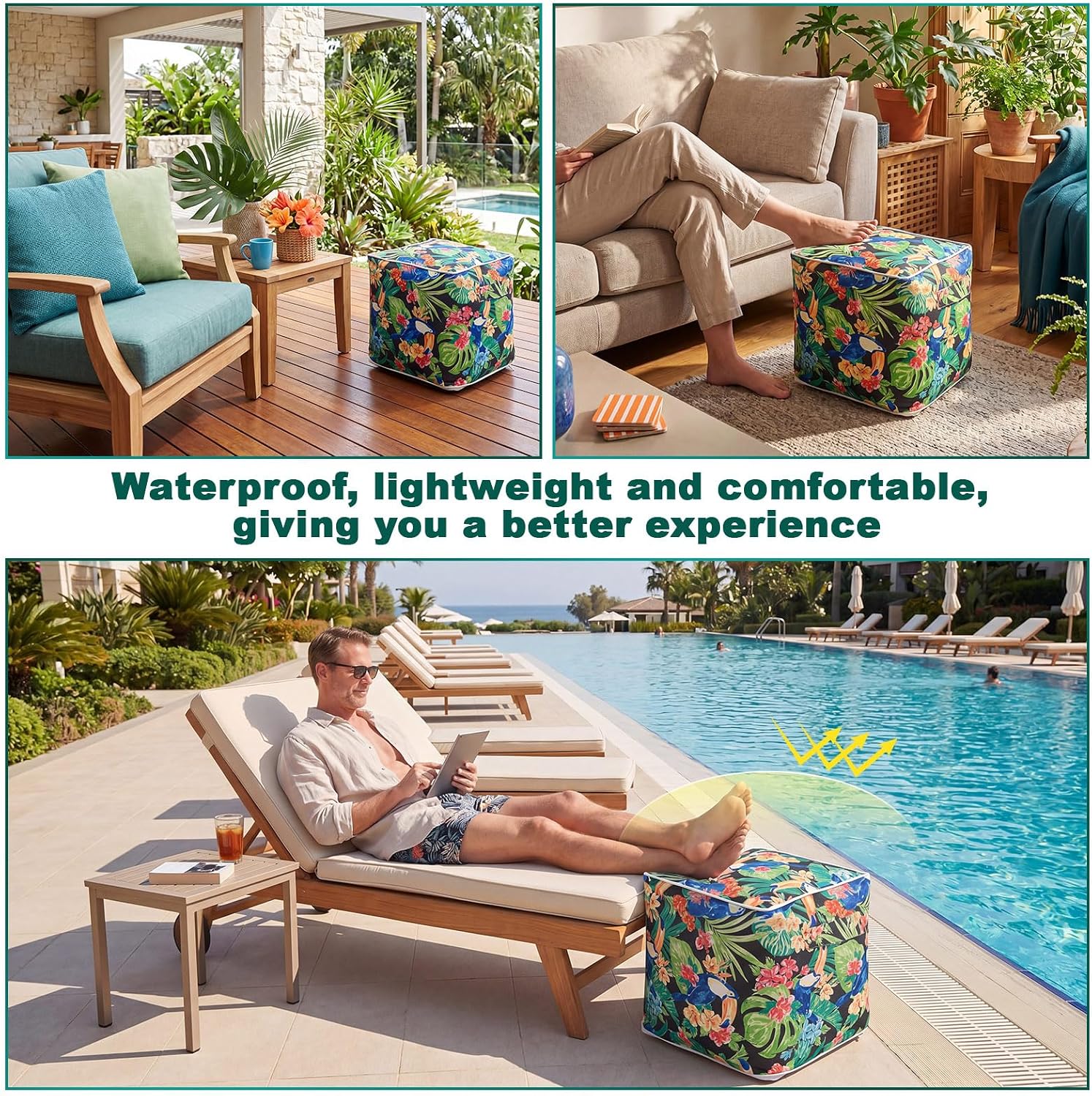 Juexica 2 Pack Inflatable Outdoor Ottoman Pouf Waterproof Cube 16" Square Blow up Ottoman Footrest with Handle Outdoor Portable Footstool for Patio Garden Camping or Home Pool(Parrot,Black)