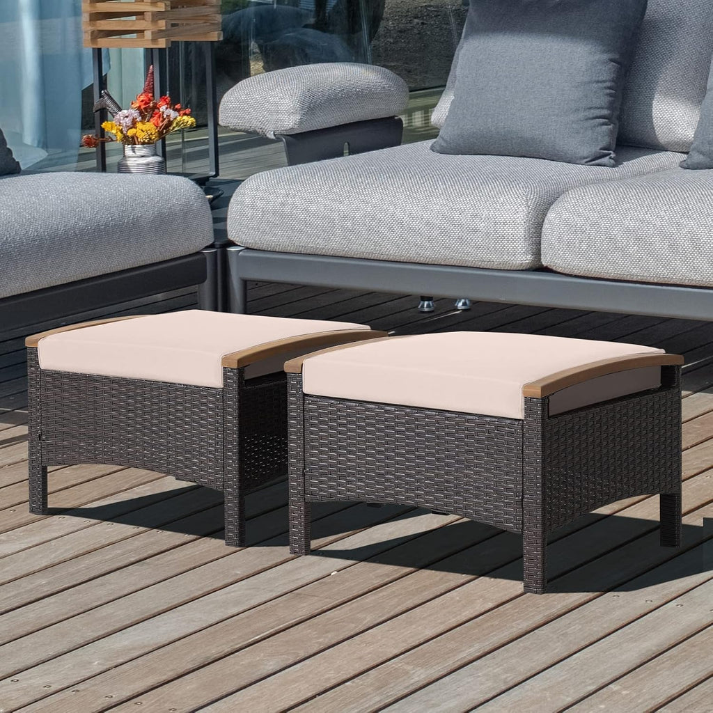 HAPPYGRILL Set of 2 Outdoor Patio Ottoman PE Rattan Wicker Ottomans with Removable Cushions and Solid Acacia Wood Handle Outdoor Footstool Footrest Set Seats and Side Table Set