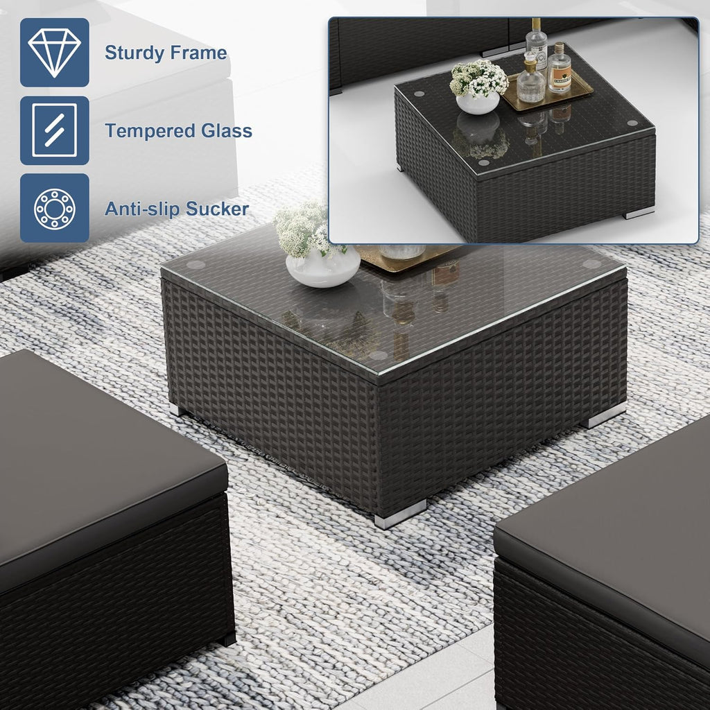 SUNCROWN 5-Piece Outdoor Patio Furniture Set, All-Weather PE Rattan Sectional Sofa with Ottoman, Glass Coffee Table & Cushions, Modular Wicker Conversation Set for Backyard, Garden, Porch, Dark Grey