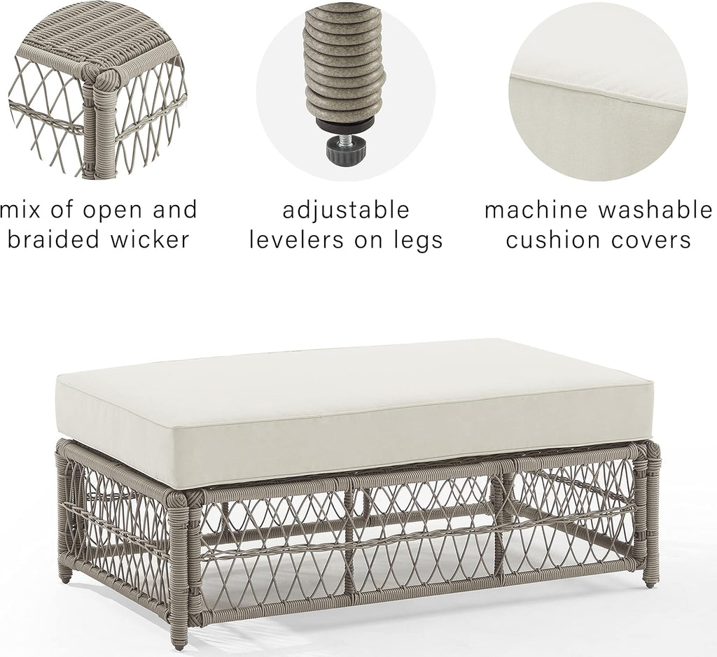 Crosley Furniture Thatcher Wicker Coffee Table and Ottoman Foot Rest for Porch, Deck, Backyard, Driftwood with Creme Cushions