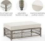 Crosley Furniture Thatcher Wicker Coffee Table and Ottoman Foot Rest for Porch, Deck, Backyard, Driftwood with Creme Cushions