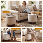 GIANTEX Round Ottoman with Storage, 360° Swivel Velvet Vanity Stool with Removable Lid, Wood Frame & Legs, Ottoman Foot Rest for Living Room, Bedroom, Makeup Room No Assembly (White & Walnut)