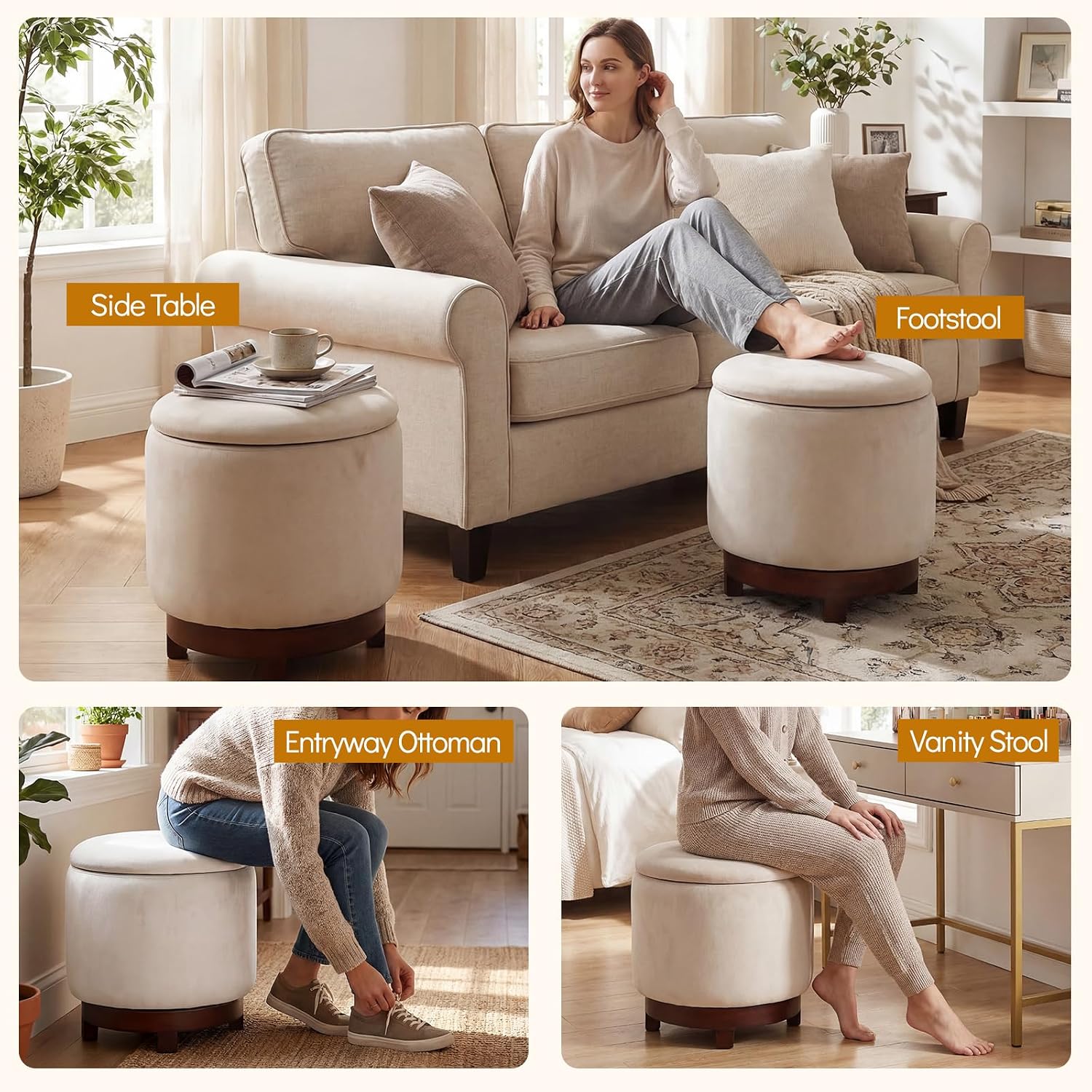 GIANTEX Round Ottoman with Storage, 360° Swivel Velvet Vanity Stool with Removable Lid, Wood Frame & Legs, Ottoman Foot Rest for Living Room, Bedroom, Makeup Room No Assembly (White & Walnut)
