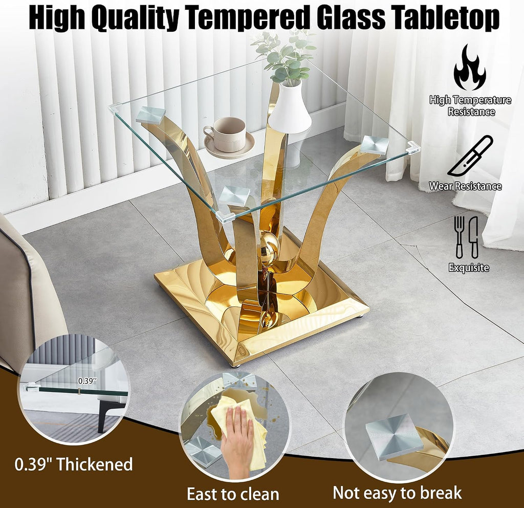 New Gold Glass Side Table, Luxury End Table with Mirror Finish Stainless Steel Base and Tempered Glass Top, Square Side Table for Living Room, Bedroom,Office