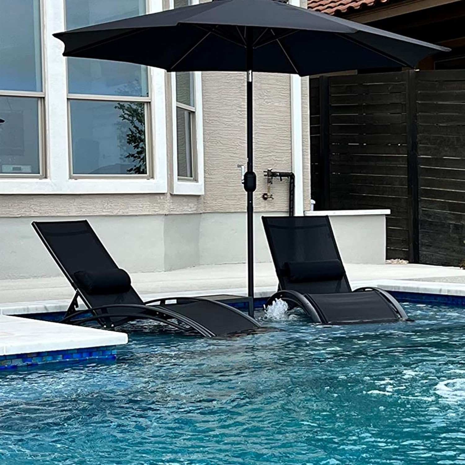 PURPLE LEAF Patio Pool Lounge Chaise Set of 3 Outdoor Lounger Chair, Black | 2 Chaise + 1 Table, Aluminum Frame, UV Textilene Fabric, Adjustable Headrest & 5 Recline Angles, Stackable, S-Curve Backrest