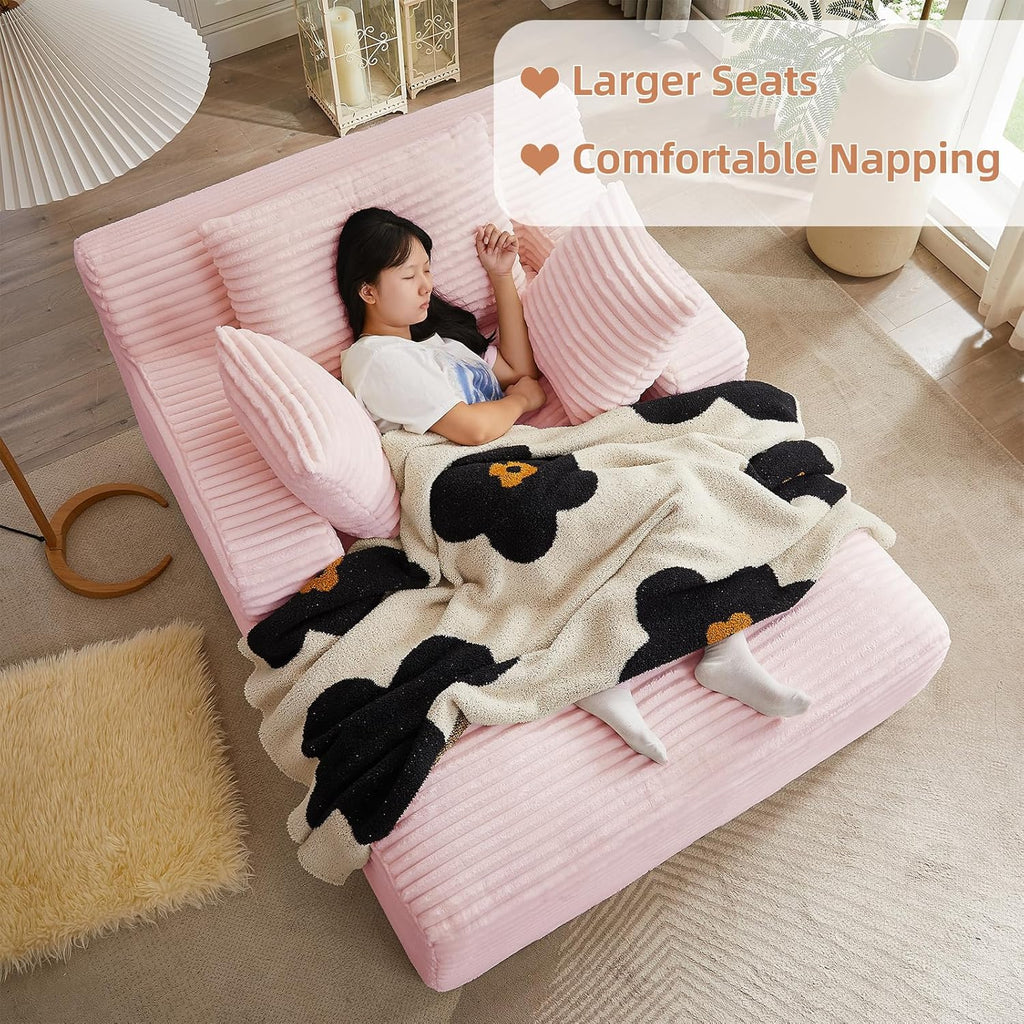 Oversized Chaise Lounge Chair Indoor Bedroom, Comfy Corduroy Upholstered Sofa Bed Chair, Deep Seat Single Sofa Couch, No Assembly Required Sleeper Chair Sofa for Living Room (Light Pink)