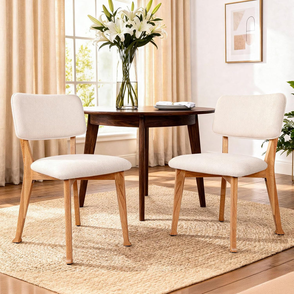 Wooden Dining Chairs Set of 4, Mid Century Modern Kitchen Chairs with Fabric Upholstered and Curved Backrest for Dining Room, Restaurant/Cafe, 300LBS Capacity, Natural
