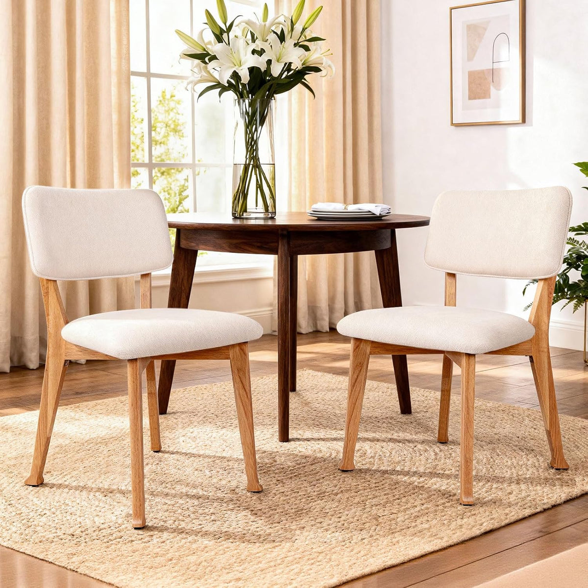 Wooden Dining Chairs Set of 4, Mid Century Modern Kitchen Chairs with Fabric Upholstered and Curved Backrest for Dining Room, Restaurant/Cafe, 300LBS Capacity, Natural